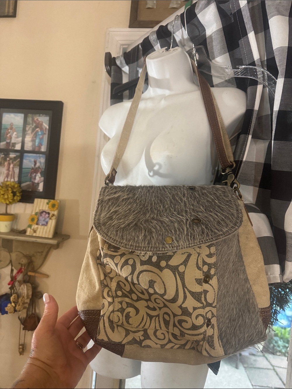 Mixed-Texture Beige and Taupe Shoulder Bag with Patterned Front